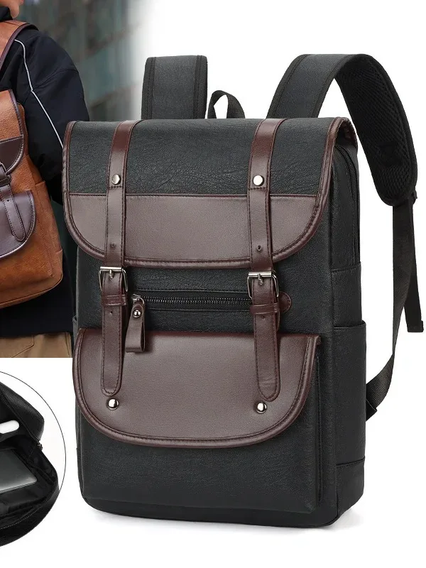 sac à dos décontracté en cuir pu 15.6 pouces, sac à dos de voyage pour ordinateur portable d'affaires, cartable multi-poches
