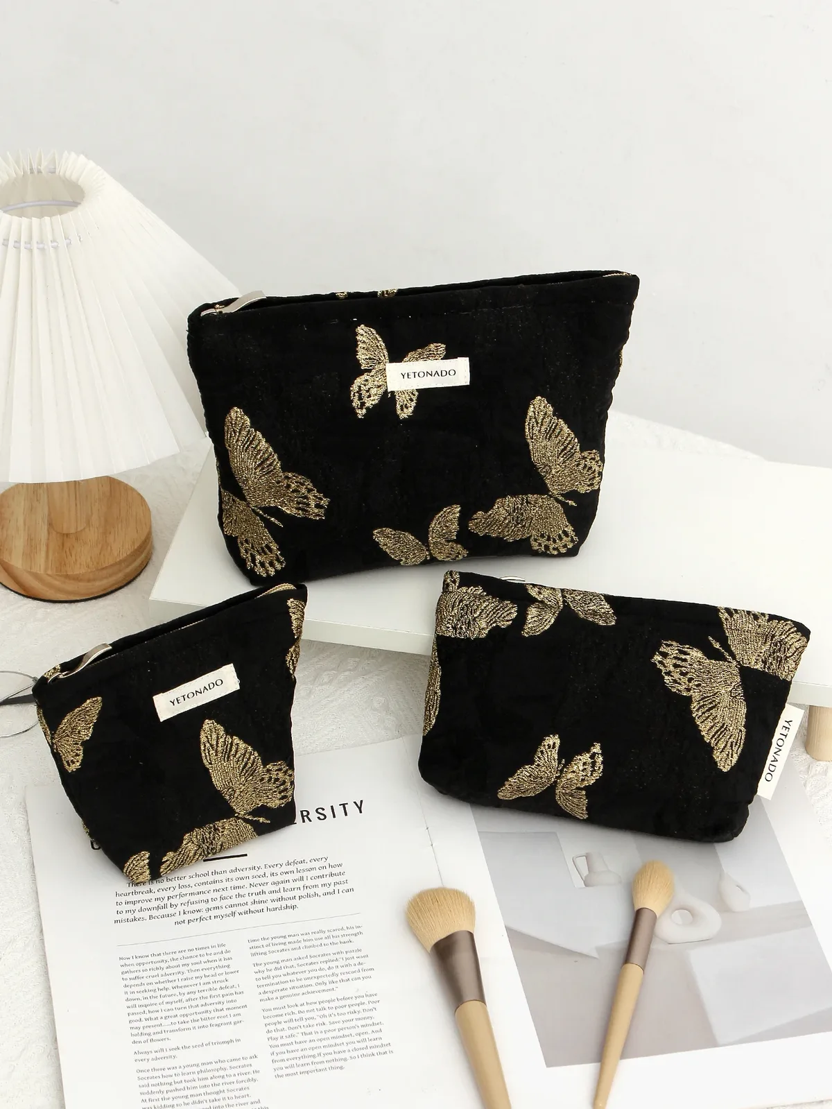 trousse polyester noire papillons dorés motifs voyage cosmétiques maquillage grande capacité multifonctionnelle s m xl
