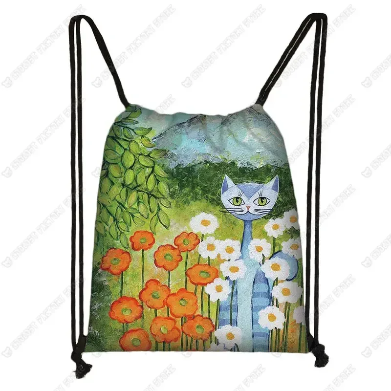 sac à dos de voyage en toile avec motif de chat pour femme, sac de rangement, sac de proximité, joli, mignon, chat de dessin animé, image imprimée, mode
