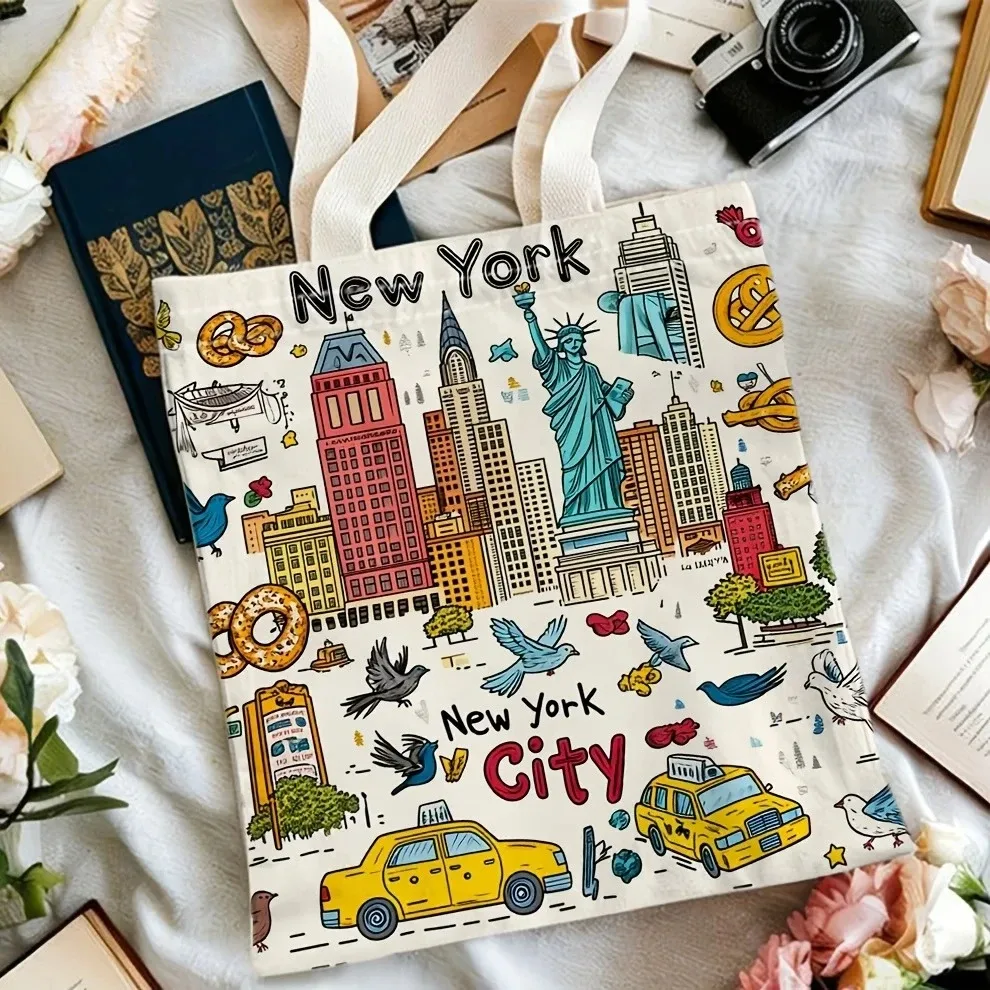 sac fourre-tout en toile de la ville de new york, imprimé avec l'icône de la ville de new york, sac de courses réutilisable pour les voyages, souvenirs et cadeaux