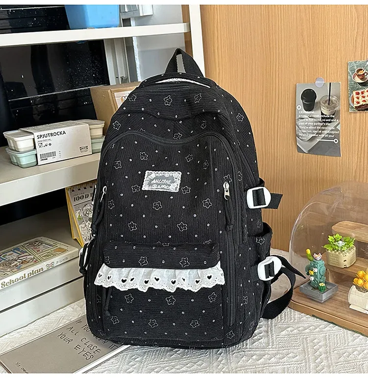 sac à dos d'hiver en velours côtelé, imprimé étoiles coréennes, avec dentelle, mignon, style mori girl, artistique, pour collégiennes