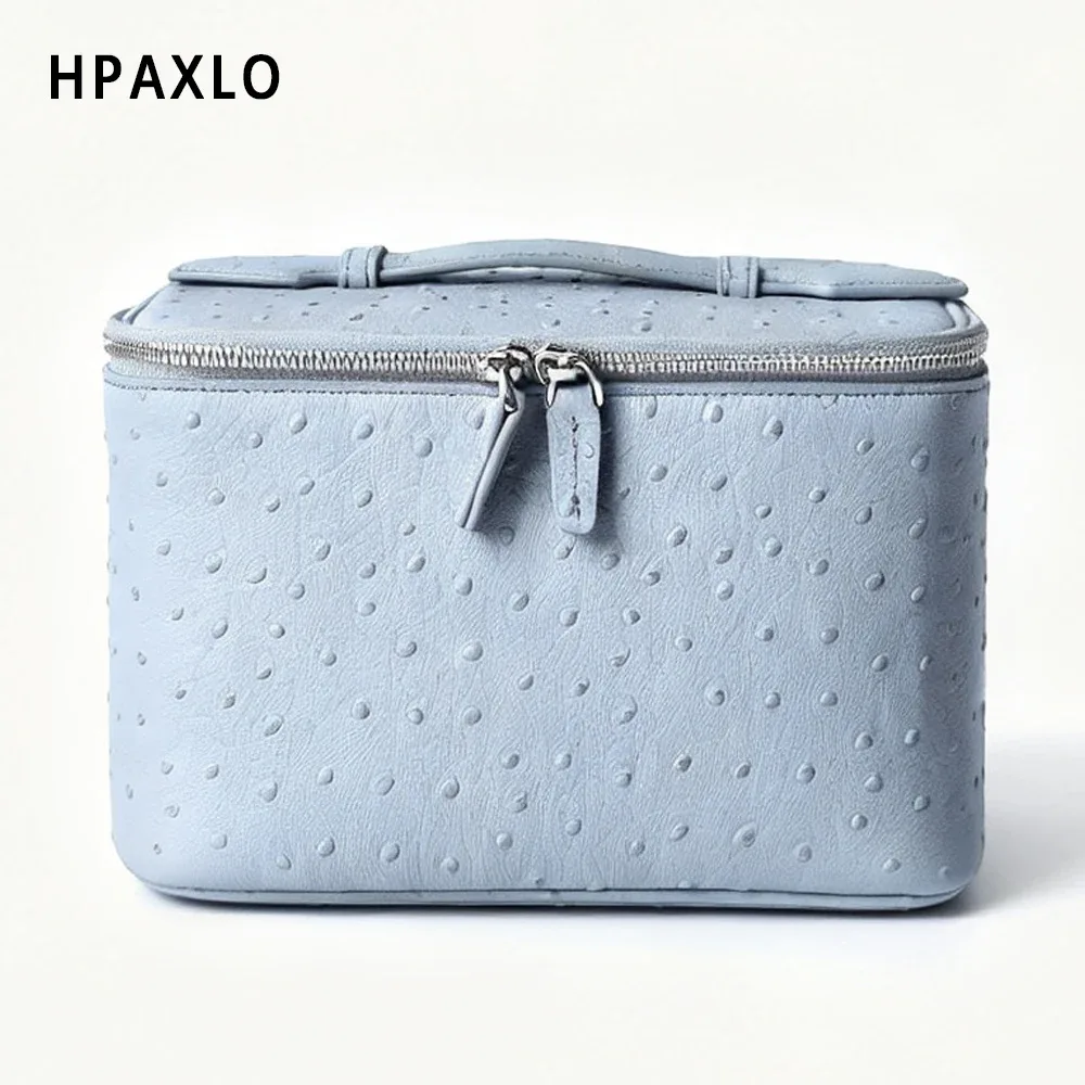 sac de toilette pour femme en cuir véritable à motif d'autruche, sac de voyage carré tendance, organiseur de cosmétiques, grand sac à cosmétiques, sac à main, neuf