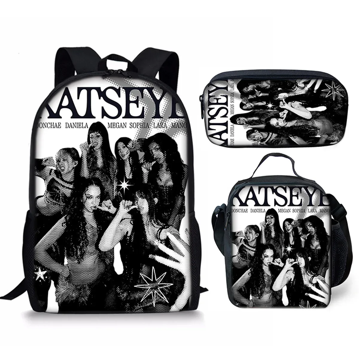 sac à dos scolaire classique populaire kpop katseye imprimé 3d, ensemble de 3 pièces, sac à dos pour ordinateur portable, sac à déjeuner, trousse à crayons