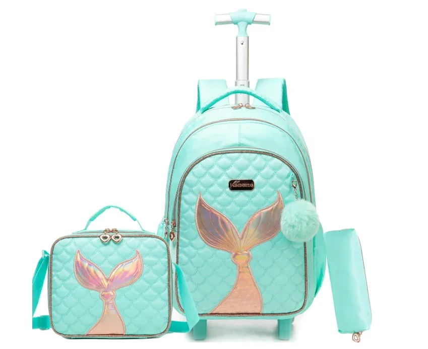 valise sac dos rose queue sirène motif multicolore poignée roue transport enfant déplacement école lunch stylos femmes
