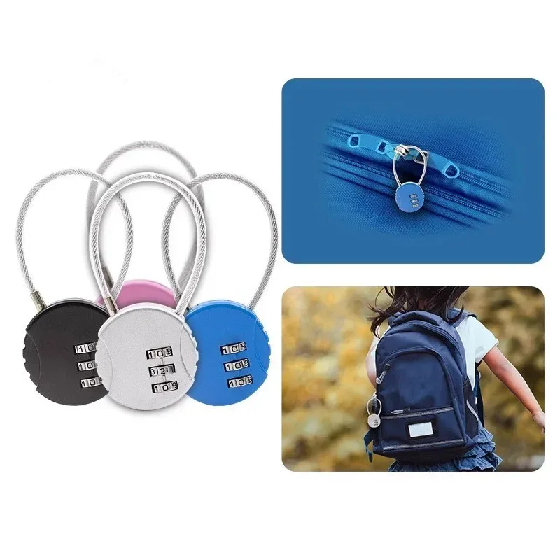 cadenas métallique chiffres trois couleur noir câble souple poignée centrale sécurité voyage école sport