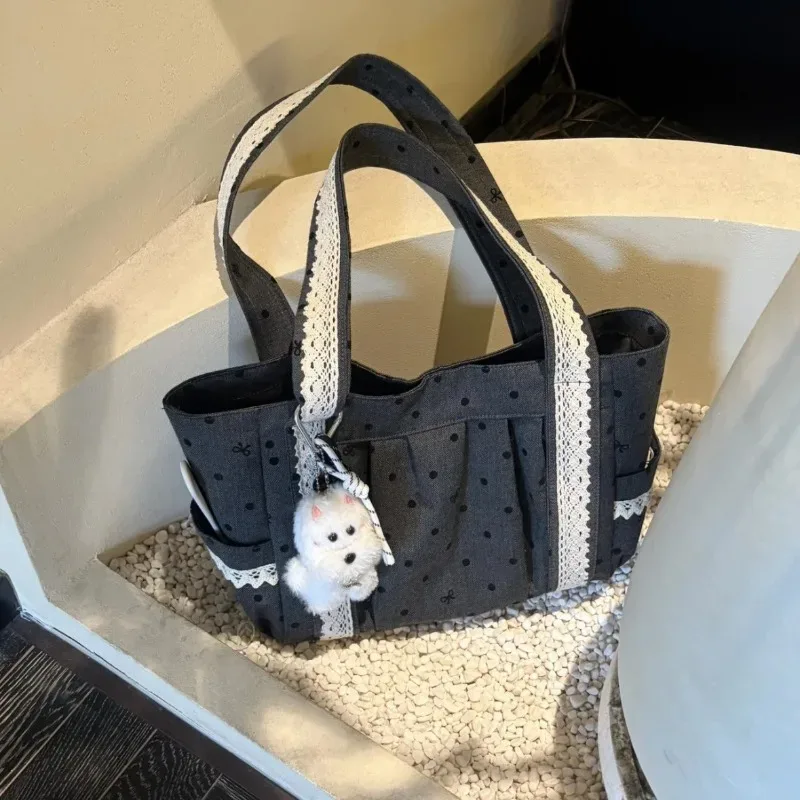 sac fourre-tout en toile floquée 3d à pois et dentelle, style coréen gris, grande capacité, pour étudiants et trajets quotidiens