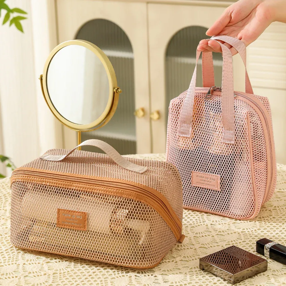 sac de rangement de maquillage fourre-tout transparent en maille simple, sac de toilette pour oreiller, sac de toilette pour cosmétiques, sac de rangement de voyage portable de grande capacité pour femmes
