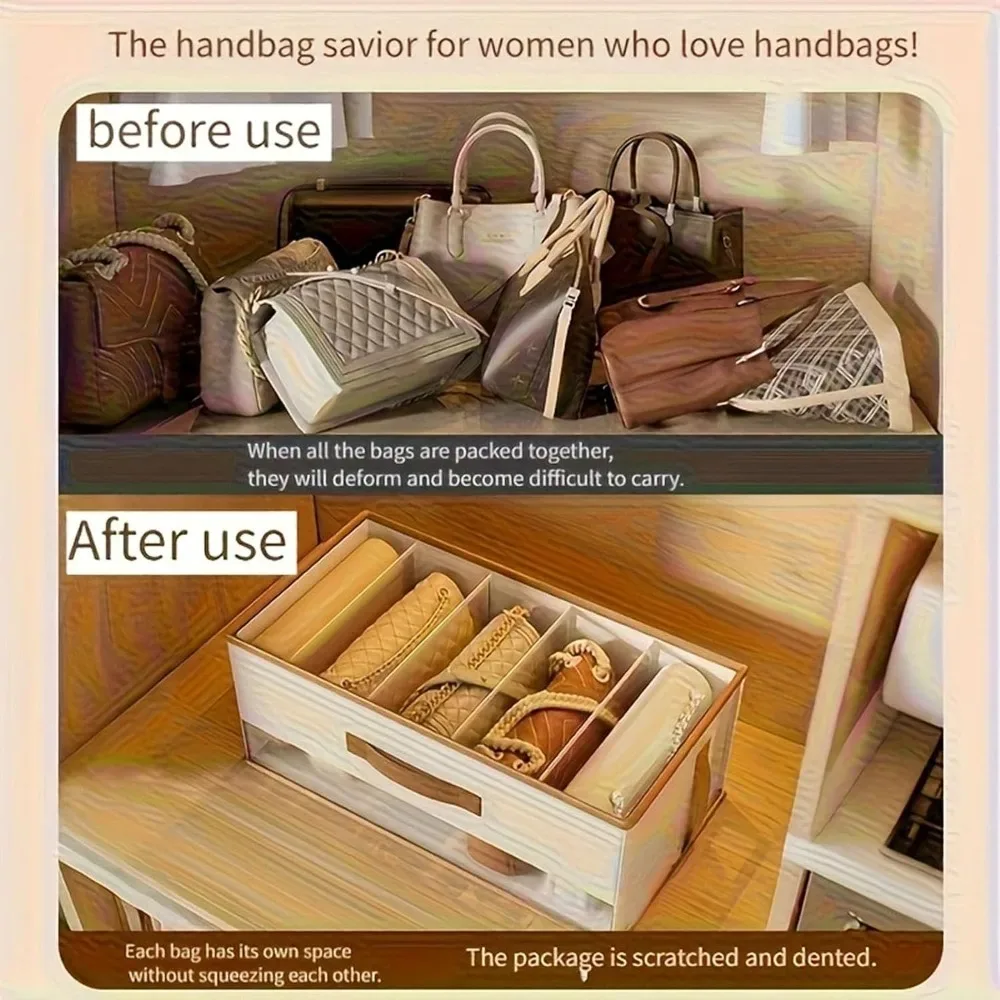 organisateur de sac à main transparent pour placard, boîte de rangement anti-poussière avec séparateurs et poignées en cuir pu, gain de place, présentoir de boutique