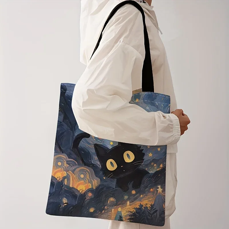 sac fourre-tout imprimé motif chat de nuit noir, fourre-tout en tissu de coton de dessin animé, sacs à bandoulière pour femmes, sac à main écologique pliable et réutilisable