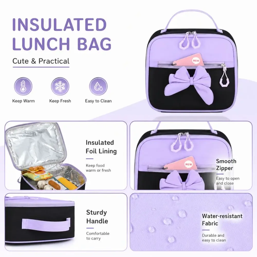 sac dos oxford cloth noir rubans pompons sac lunch boîte crayons palette rose gris imperméable usage ecole adolescente