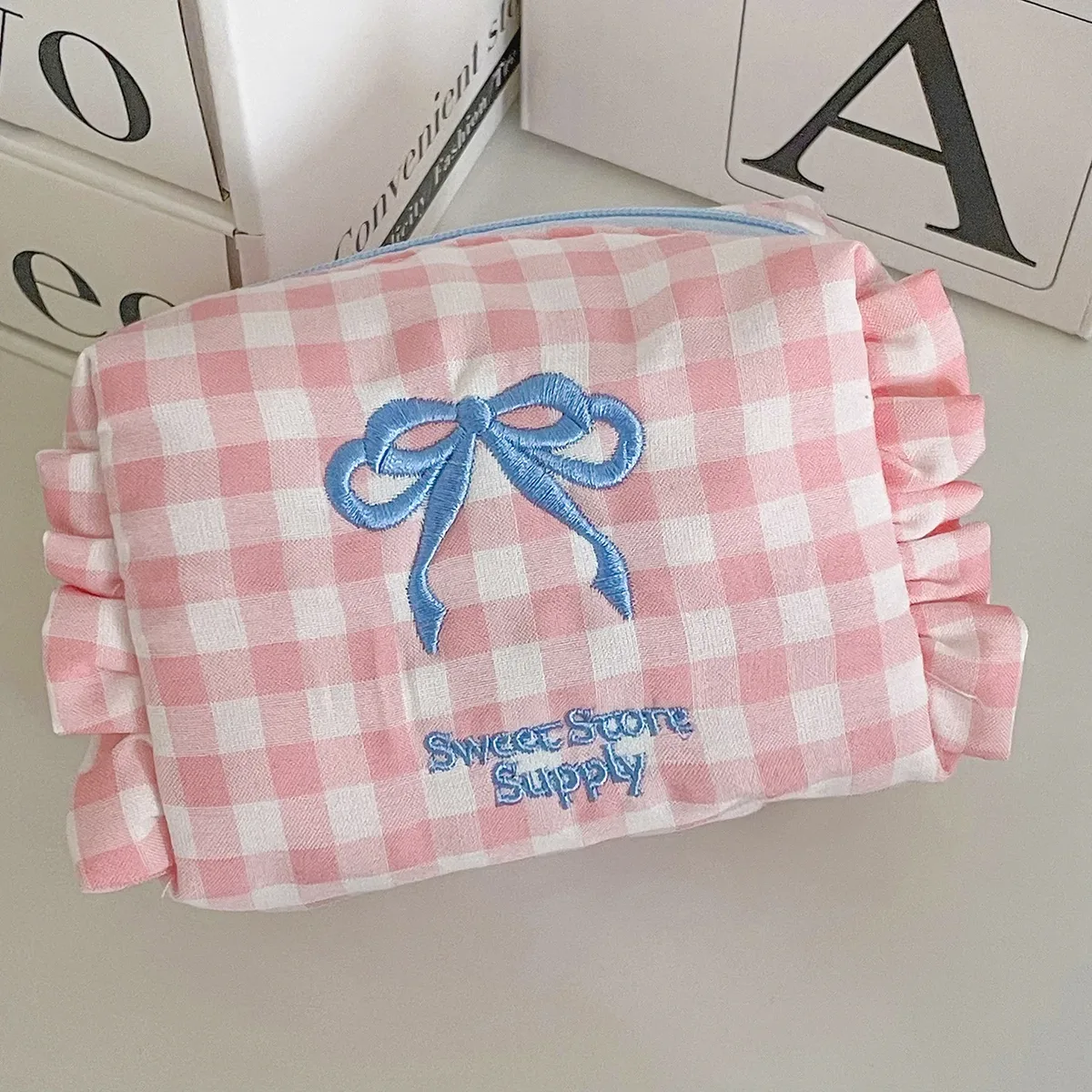 kawaii sac cosmétique plaid arc trousse de maquillage mignon petit sac fille style doux à volants maquillage trousse maquillage sac organisateur pochette