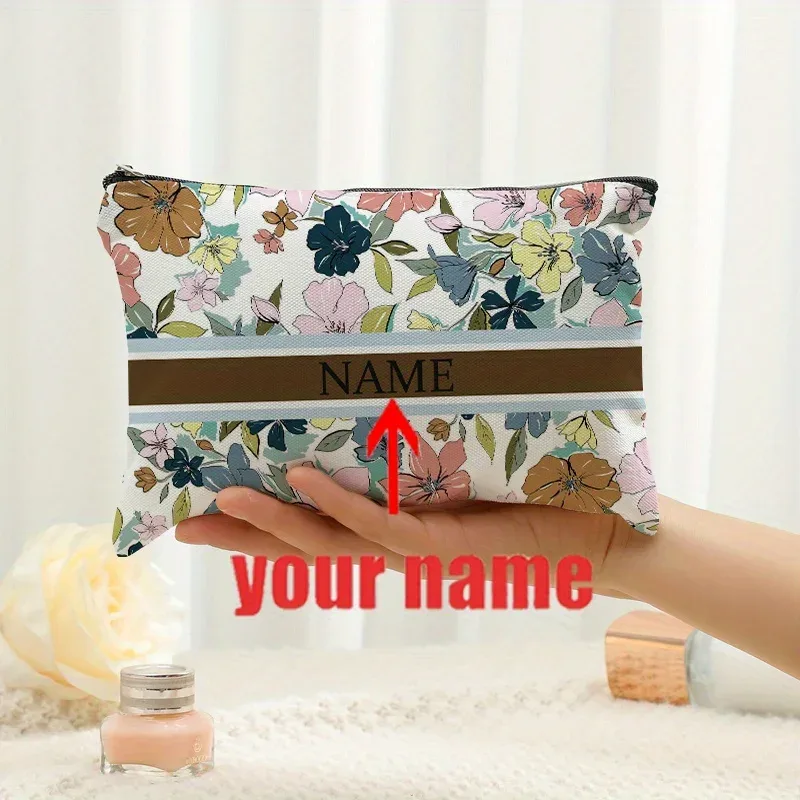 1 pièce trousse de maquillage personnalisée avec nom et motif floral imprimé, sac de rangement de voyage pour articles de toilette, organisateur de cadeaux de fête, pochette cosmétique