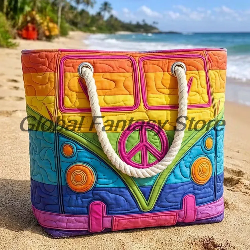 sac de plage matelassé style hippie vintage, sac à bandoulière bohème avec imprimé floral et signe de la paix, sac à main quotidien pour hommes et femmes, sac de shopping