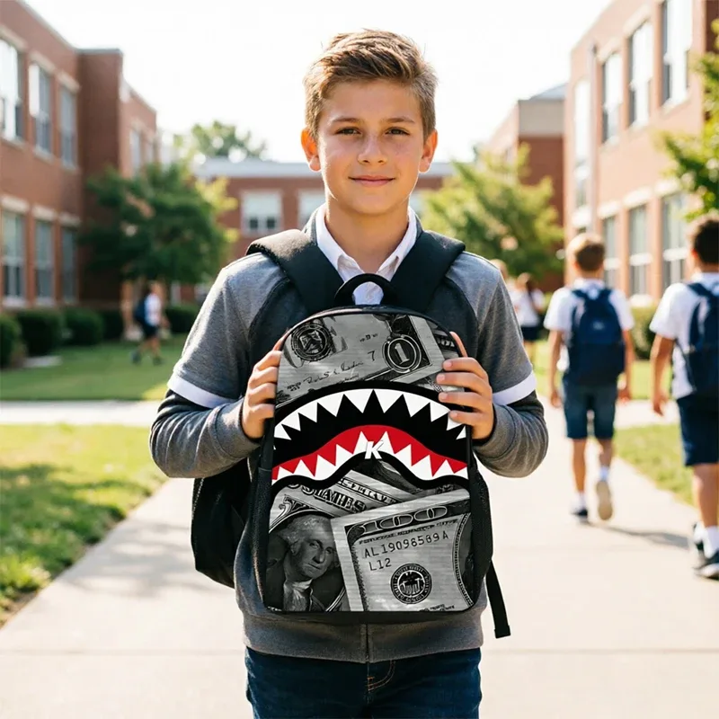 sac à dos tendance avec motif requin, imprimé graffiti et dessin animé, léger et décontracté pour étudiants et voyages