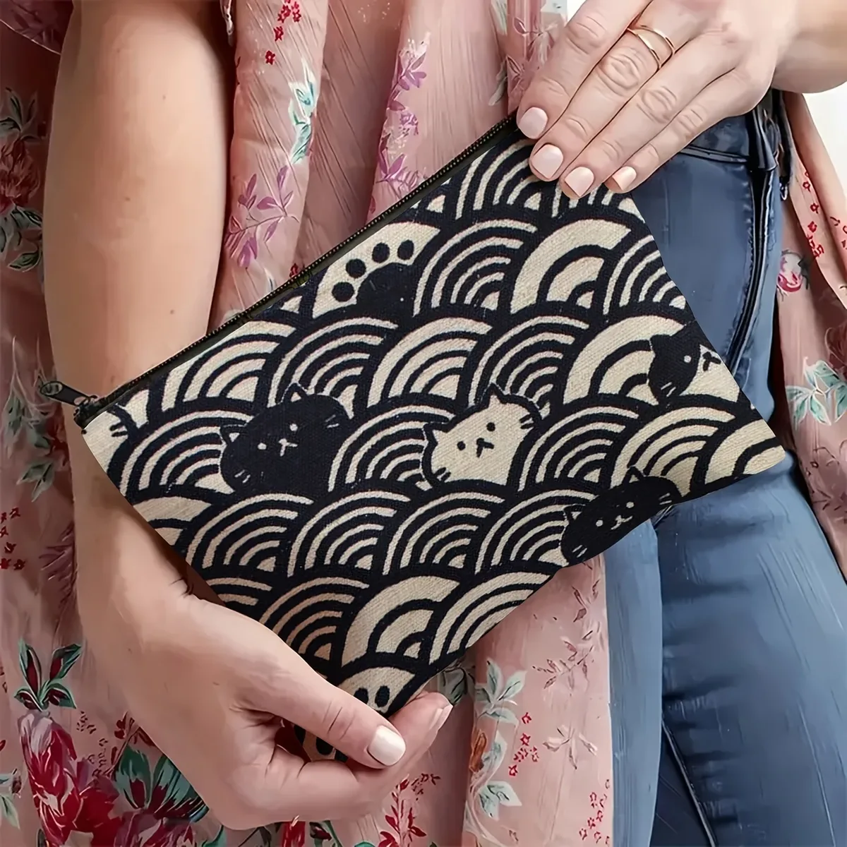pochette de maquillage vintage japonaise seigaiha & neko avec fermeture éclair - motif vagues océaniques et chat, porte-monnaie, trousse à crayons - noir et beige