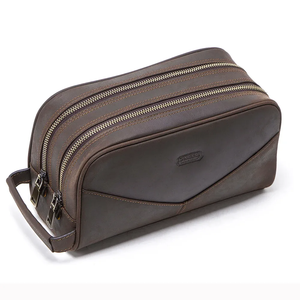 trousse de toilette pour homme en cuir crazy horse vintage, sac de maquillage, trousse de voyage, sac de rangement pour produits de beauté, double fermeture éclair, organisateur pour homme.