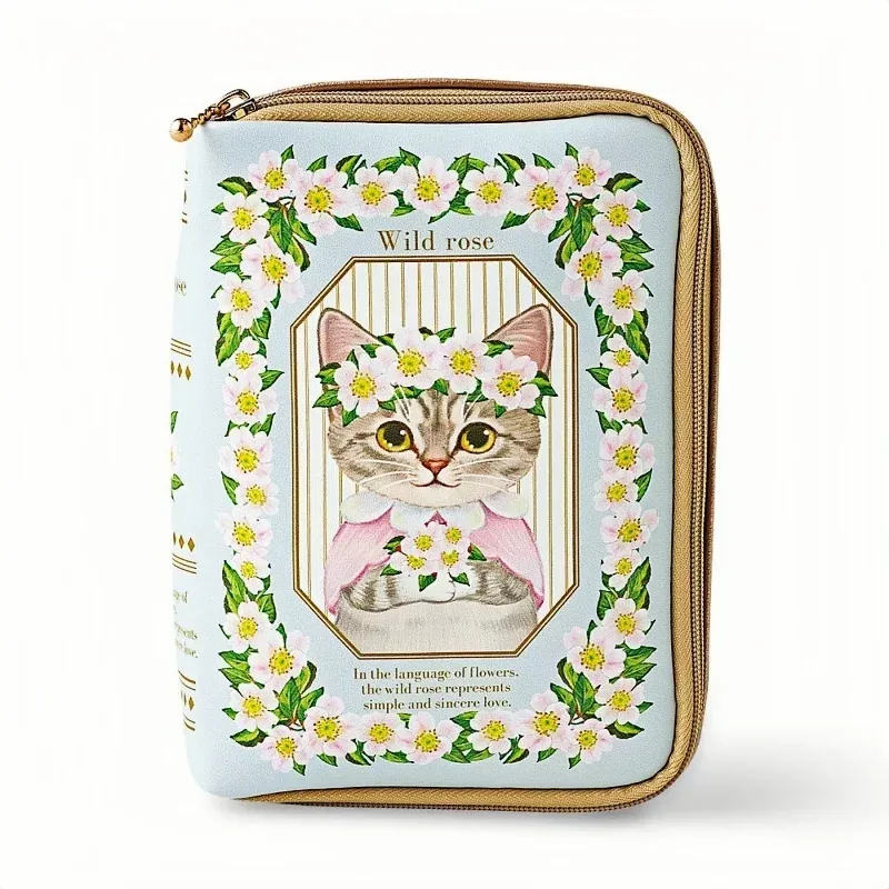 trousse de maquillage en forme de livre, motif chat et plante, sac de rangement créatif