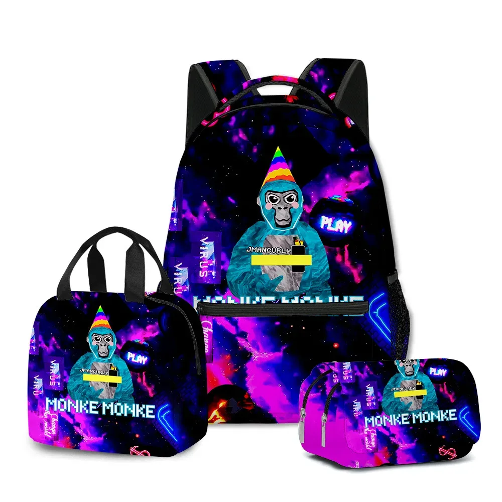 sac à dos d'école pour étudiants, sac à dos portable pour ordinateur portable, sac à déjeuner, trousse à crayons, imprimé 3d, motif gorilla tag, classique, populaire et amusant, 3 pièces/ensemble