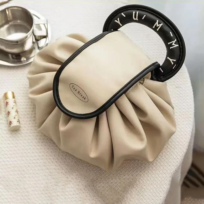 trousse de maquillage portable pour usage quotidien, trousse de toilette de voyage de grande capacité pour femmes, pochette de rangement de cosmétiques à cordon de serrage pour dames