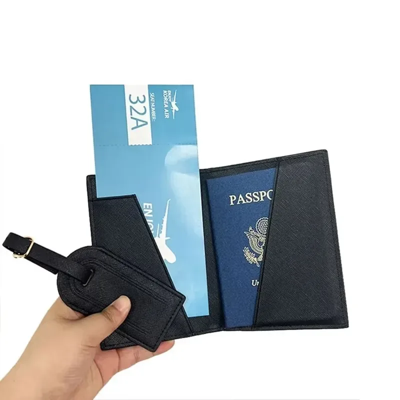 couverture de passeport en cuir saffiano avec initiales personnalisées gratuites, ensemble d'étiquettes de bagages, porte-passeport, étiquette de valise de voyage, accessoires de voyage