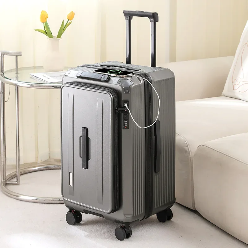 valise pc gris compartiments glissières ceinture poignée latérale verrouillage code roue frein expansion latère ajustable voyage