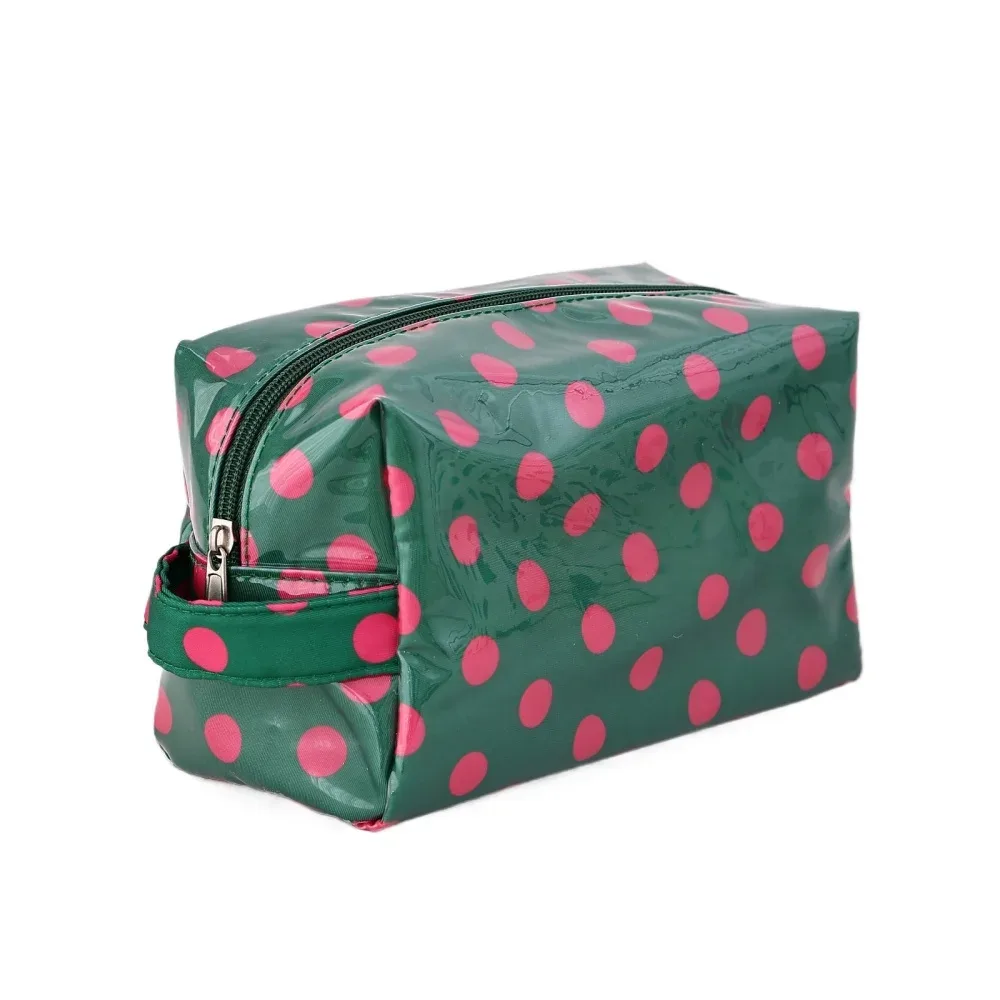 trousse cosmétique pvc imperméable pois bleus fond rose pâle compacte voyage maquillage toile oxford