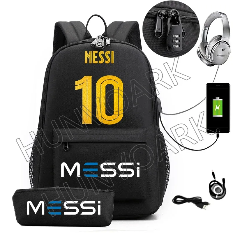 sac dos toile noir motif géométrique bleu blanc compartiment interne ceinture air usb adolescents école