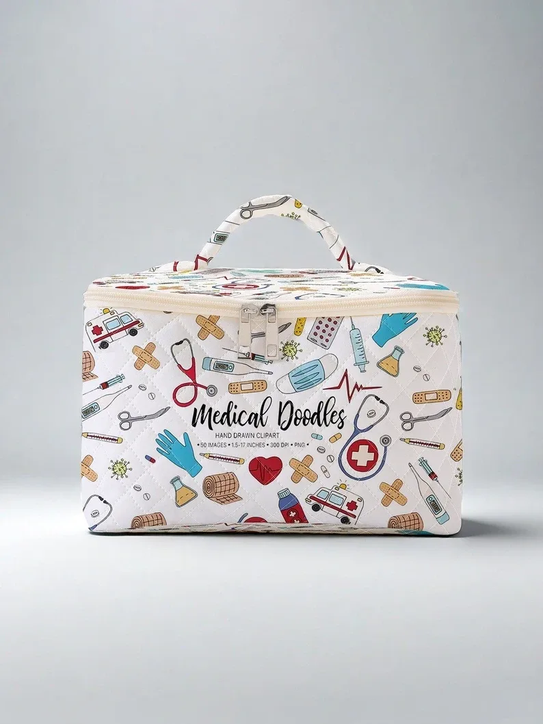 Trousse Polyester Cosmétiques Motifs Médicaux Blanc Voyage Petite Taille Maquillage Seringues Bandages Stéthoscopes Ambulances