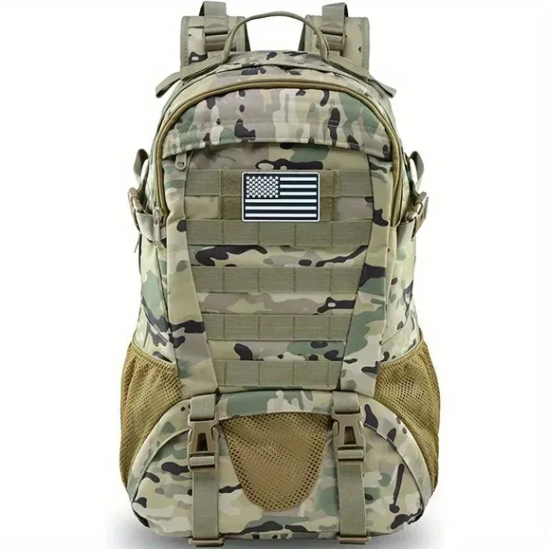 sac dos nylon béige tache camouflage pochette avant zippée banderole américaine voyage plein air randonnée camping chasse escalade