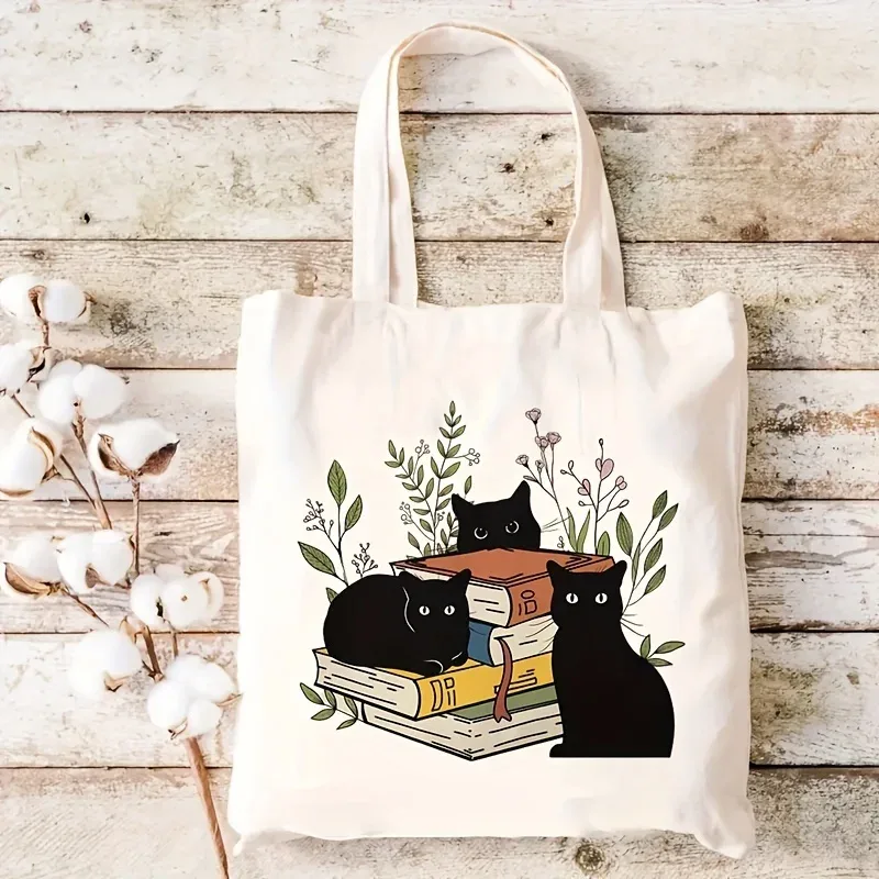 sac à main en toile à motif floral black cat book, sac à provisions double face, grand sac fourre-tout pour femmes, sac de shopping pliable