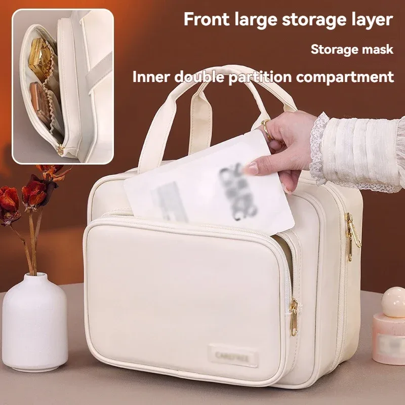 nouveau sac à cosmétiques suspendu en cuir pu pour femmes, rangement portable, organisateur de maquillage, sacs de rangement de toilette de voyage de grande capacité