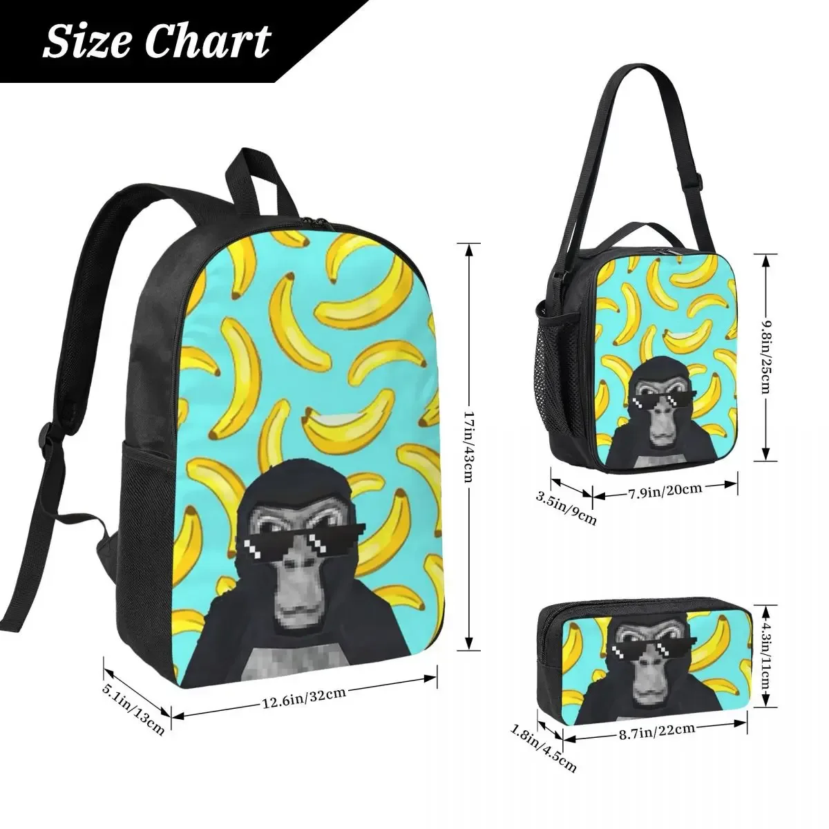 Sac à dos Gorilla Tag Monkey pour étudiants, sac d'école, sac à bandoulière pour ordinateur portable, 3 pièces, sac à déjeuner isotherme, trousse à crayons
