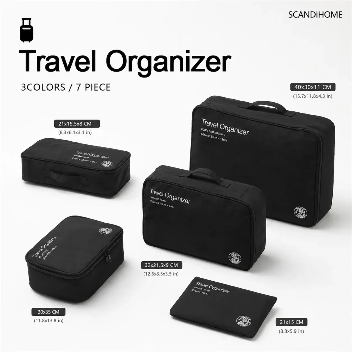 organisateur voyage sac rangement nylon noir géométrique seven pièces usage transport vêtements accessoires compression