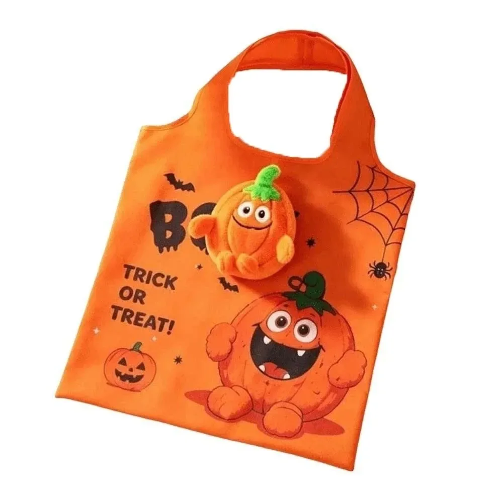 sac fourre-tout d'épicerie halloween couleur unie, mini sac à main de dessin animé peu encombrant, étui en peluche, sac 2-en-1 pliable rapidement, pochette porte-breloque