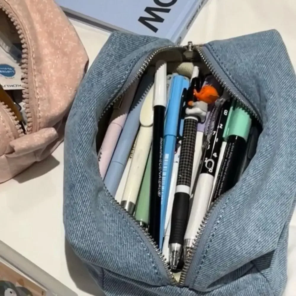 sac de maquillage en denim bleu de couleur unie, organisateur de voyage, sac à crayons d'étudiant de style coréen, sacs à cosmétiques rectangulaires vintage en jean