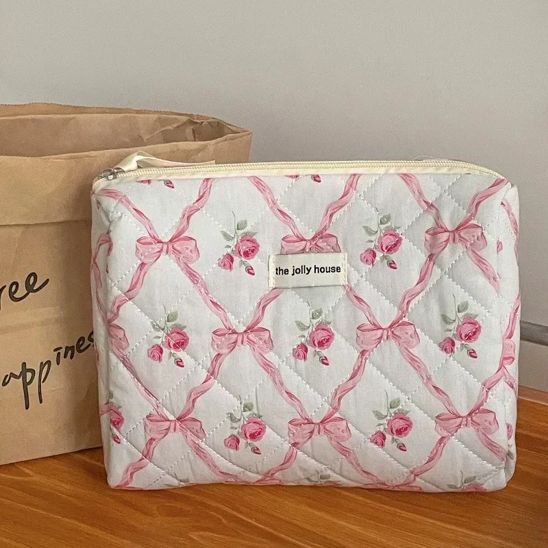 trousse de maquillage courtepointe pour femme, trousse de toilette portable pour filles, sac à main grill pour femme, trousse cosmétique à fermeture éclair, nœud mignon, fleur