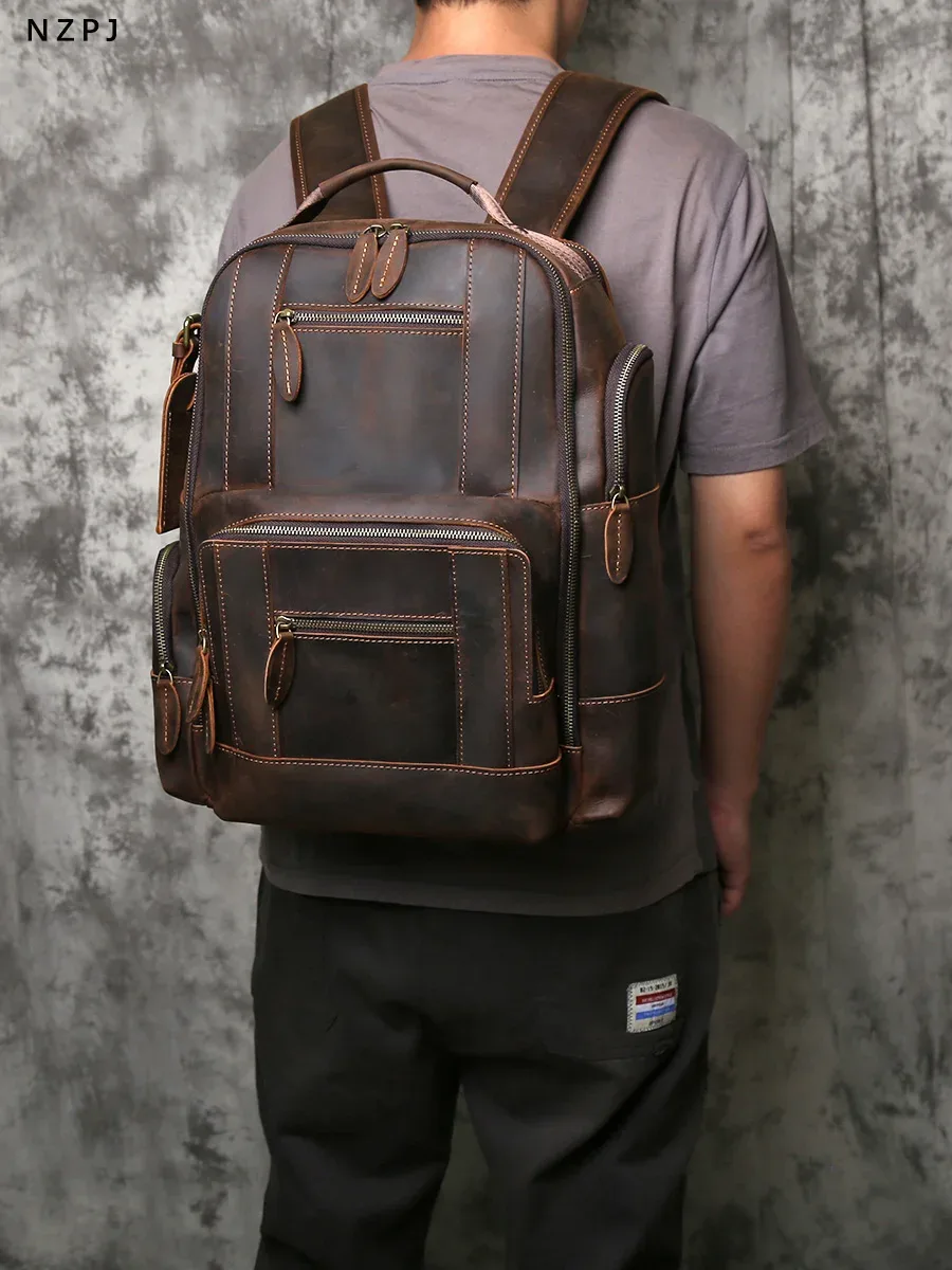 nzpj rétro en cuir véritable hommes sac à dos couche supérieure en peau de vache sac à dos mode hommes sac crazy horse peau voyage ordinateur sac