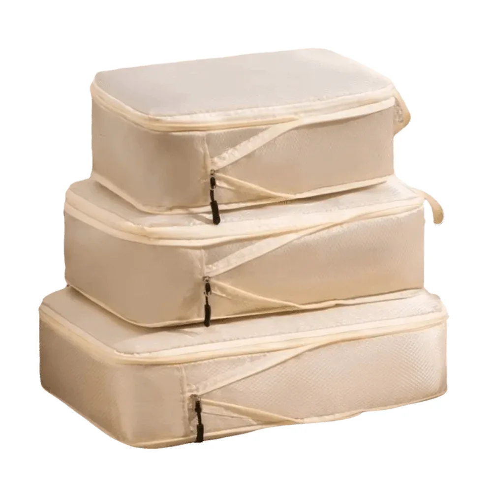organisateur voyage polyester beige cube compression sac rangement professionnel déplacement grande capacité imperméable set trois pièces