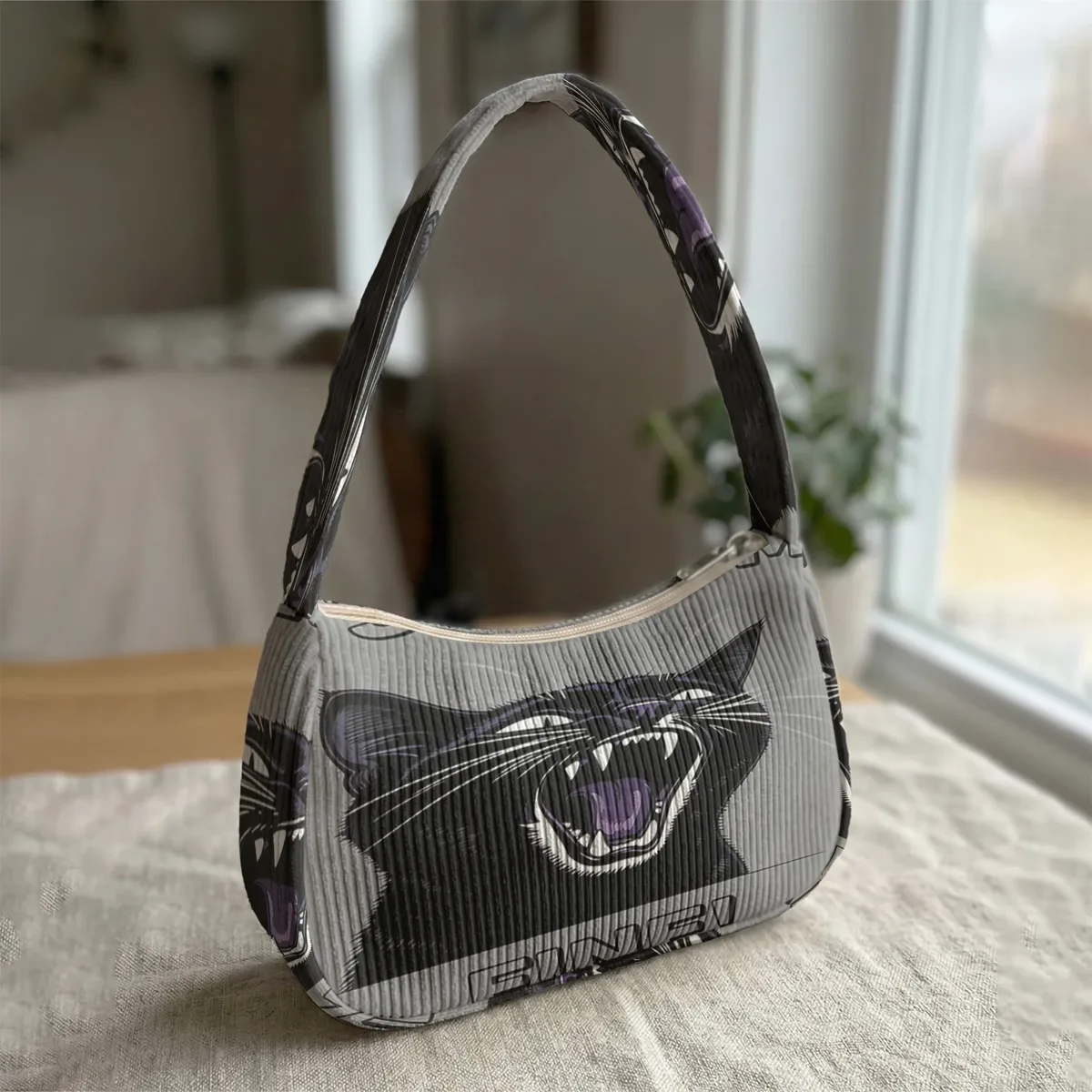 sac à bandoulière tendance imprimé chat noir en colère, sac sous le bras en velours côtelé pour un usage quotidien décontracté