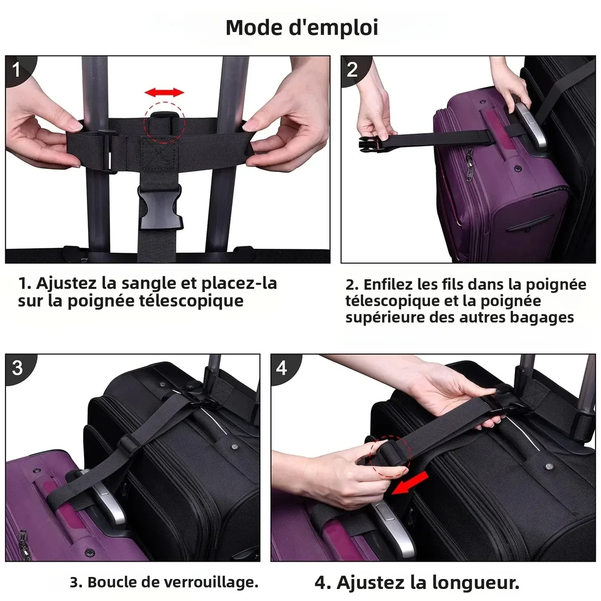sangle bagage nylon noire réglable boucle amovible ajustement voyage sécurité transport multiple valises fixation