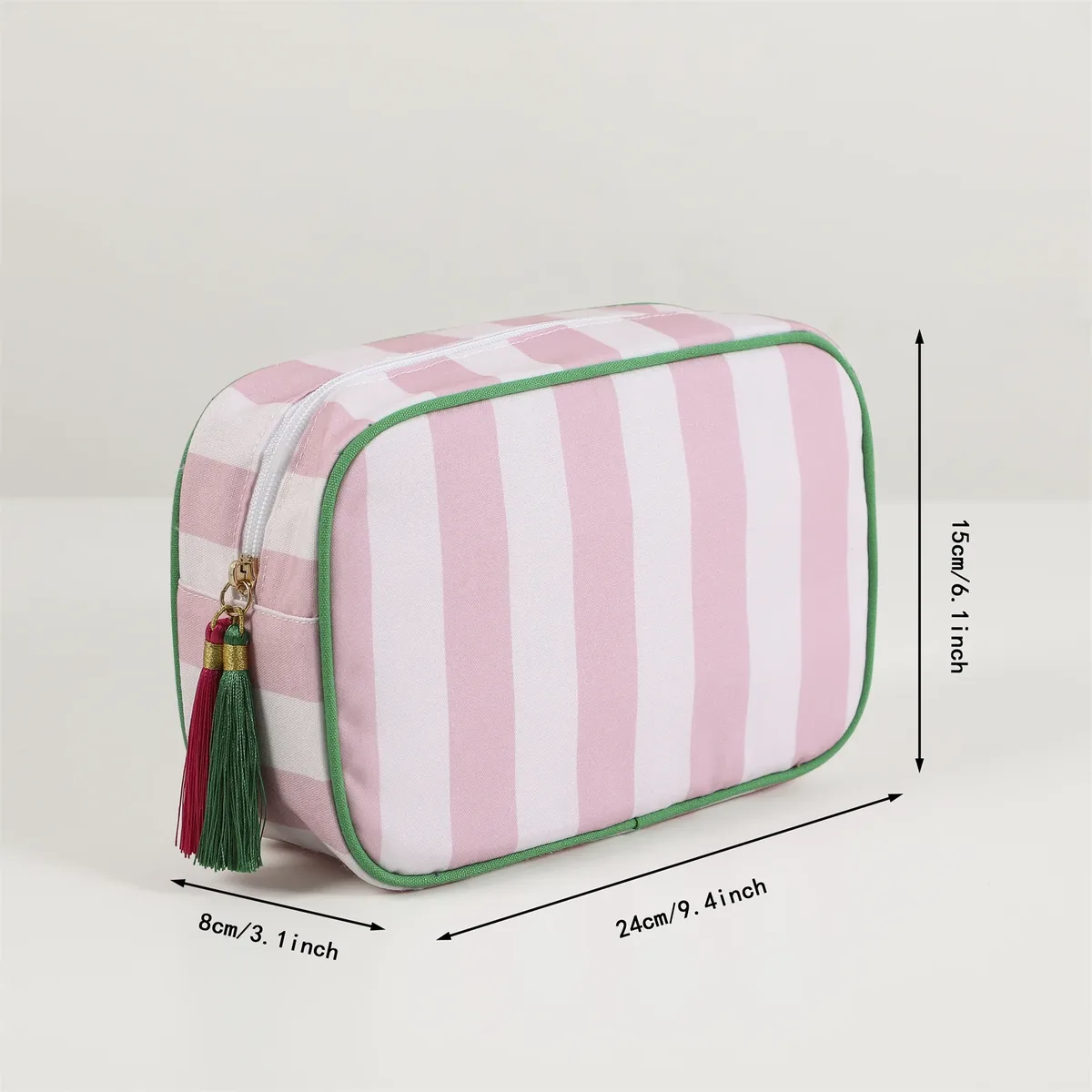 grand sac à cosmétiques portable rayé pour femmes, sac de maquillage à pompon avec fermeture éclair, pochette de rangement de grande capacité