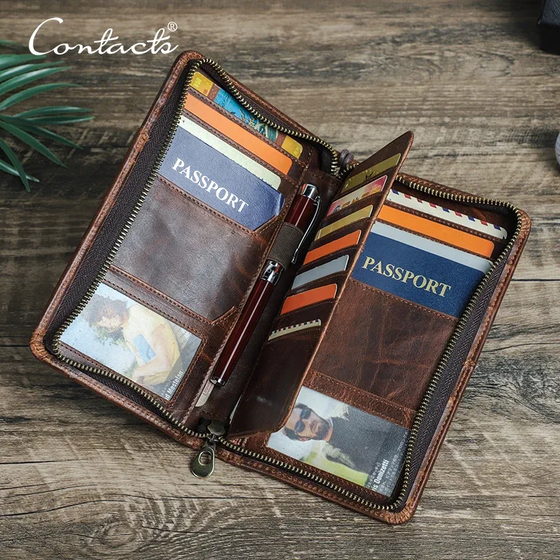 Porte-passeport en cuir véritable pour homme de la marque CONTACT avec emplacement pour stylo, portefeuilles de voyage pour passeports familiaux, porte-cartes d'identité, organiseur de documents, pochette pour documents