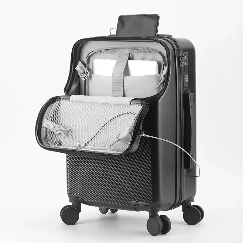 valise multifonctionnelle à ouverture frontale avec fermeture éclair, porte-gobelet, support latéral et crochet de maintien, bagage à roulettes