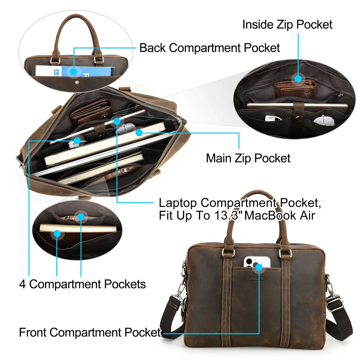porte documents cuir vrai cuiraux marques naturelles beach doré fermeture éclair compartiment ordinateur portable voyage homme pods 13 pouces