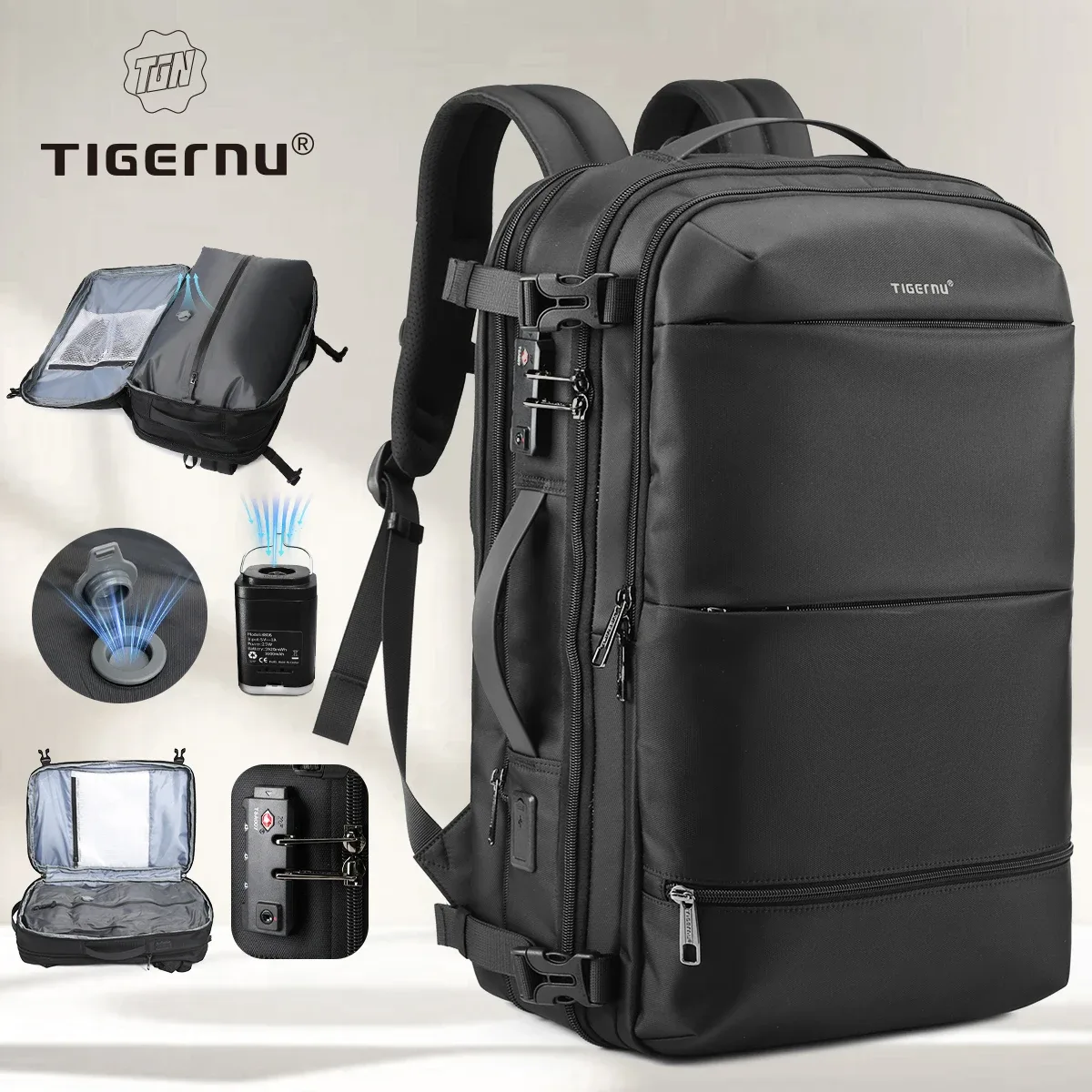 Sac à dos de compression sous vide Tigernu pour hommes et femmes, sacs à dos de voyage extensibles, bagages avec USB, sac à dos de cabine d'avion pour ordinateur portable de 17 pouces