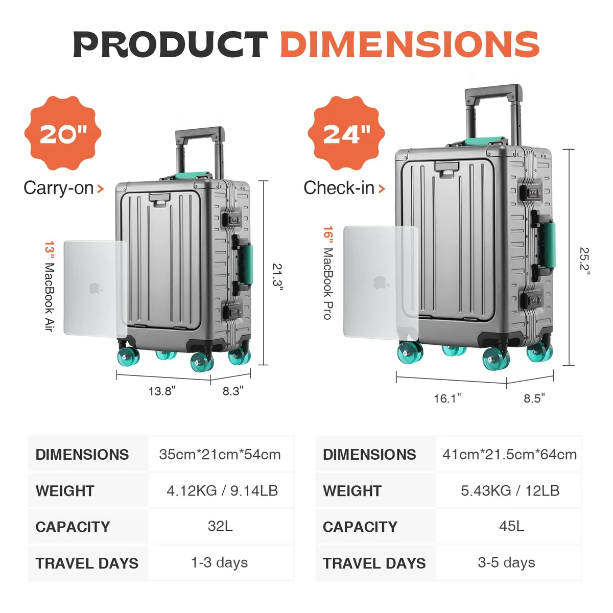 valise aiweiny en alliage d'aluminium et de magnésium, ouverture frontale, 360° ° valise de voyage/à main avec roues silencieuses en tpe, serrure tsa