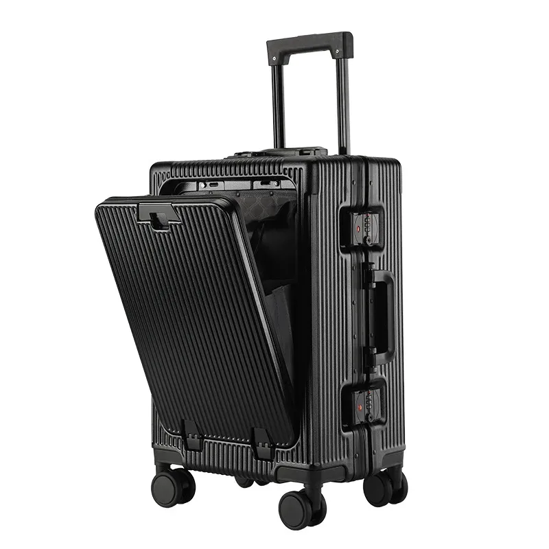 valise aluminium frame trolley rolling bagage beige bleu noir marron usb cup holder grande capacité voyage