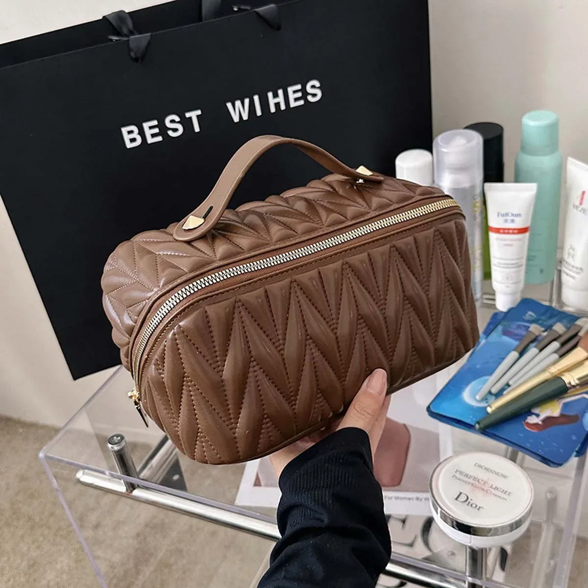 trousse de maquillage en pu de qualité supérieure, grand niveau d'apparence, trousse de toilette de voyage à la mode, nouveau sac de rangement de cosmétiques de couleur unie