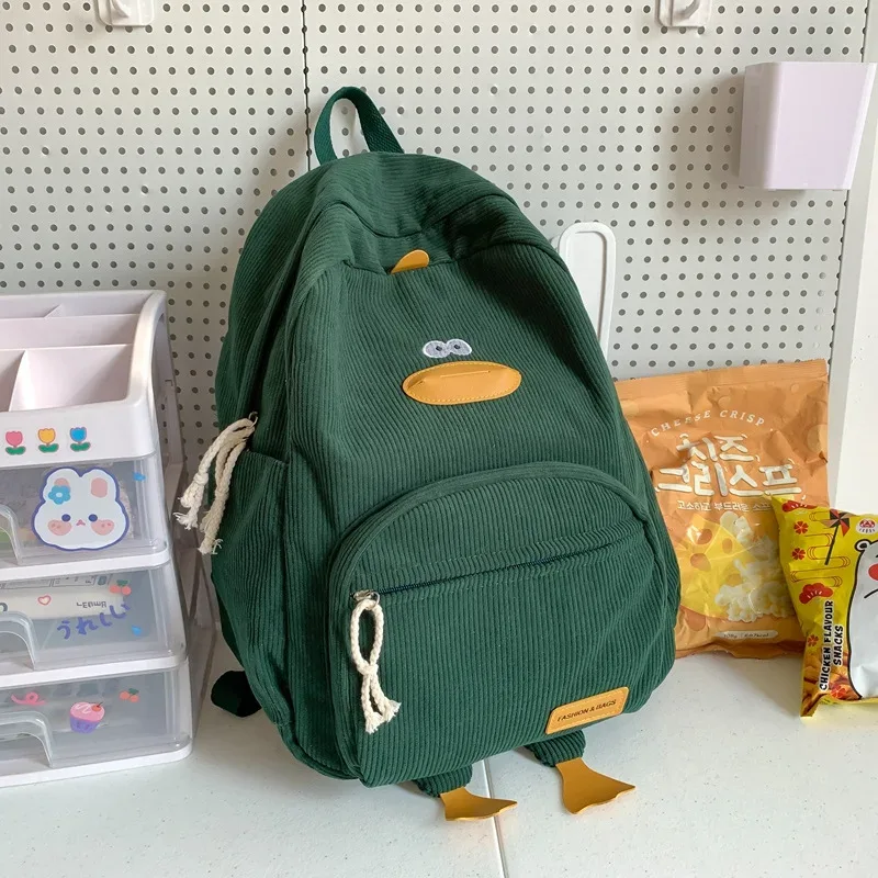sac à dos en velours côtelé avec motif de canard mignon, grande capacité, design 3d avec pattes de canard, léger, décontracté, pour étudiants, adolescents, voyages