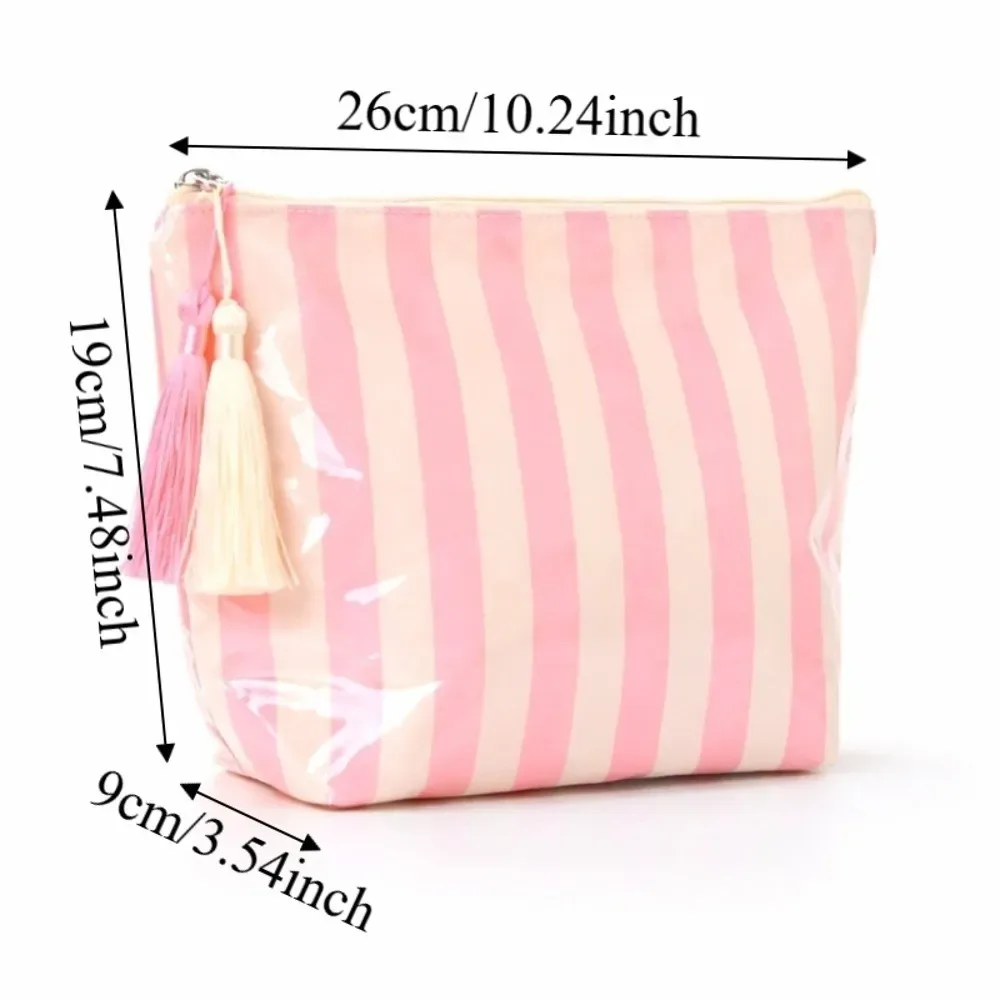 trousse de toilette de voyage portable à franges, grande capacité, fermeture éclair, sac cosmétique rayé en pvc brillant, design mignon, pochette à pinceaux de maquillage